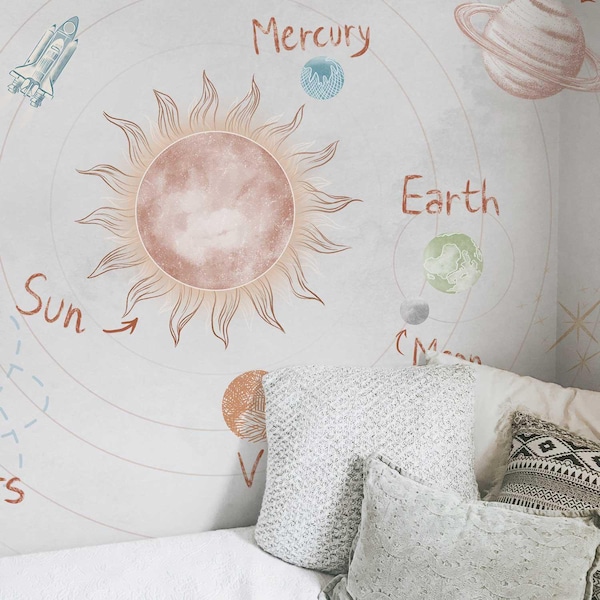 Planets Wallpaper for Kids – Solar System Wall Mural with Rocket & Astronaut, Space Nursery Decor