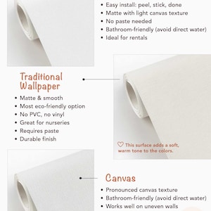 The image is a comparison of two types of wallpapered surfaces: traditional wallpaper and canvas. It highlights the differences between the two, such as ease of installation, texture, and finish.