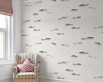 Fish Wallpaper for Kids Room, Neutral Ocean Pattern, Renter Friendly Wall Decor, Wallpaper Rolls for Nursery