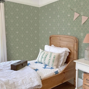 Carta da parati per cameretta con animali, carta da parati neutra per cameretta ispirata al vintage, elegante motivo floreale a traliccio beige e verde tenue, 2-205 color3