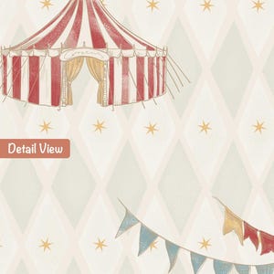 May include: A whimsical illustration featuring a circus tent with red and white stripes, a blue flag, and gold curtains. The background has a diamond pattern with gold stars and a banner of blue, yellow, and red pennants. The text "Detail View" is visible.