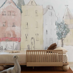 Papel pintado infantil de un pueblo en acuarela – Mural infantil escandinavo – Pueblo en tonos pastel dibujado a mano – Mural personalizado para la sala de juegos o la habitación del bebé imagen 2