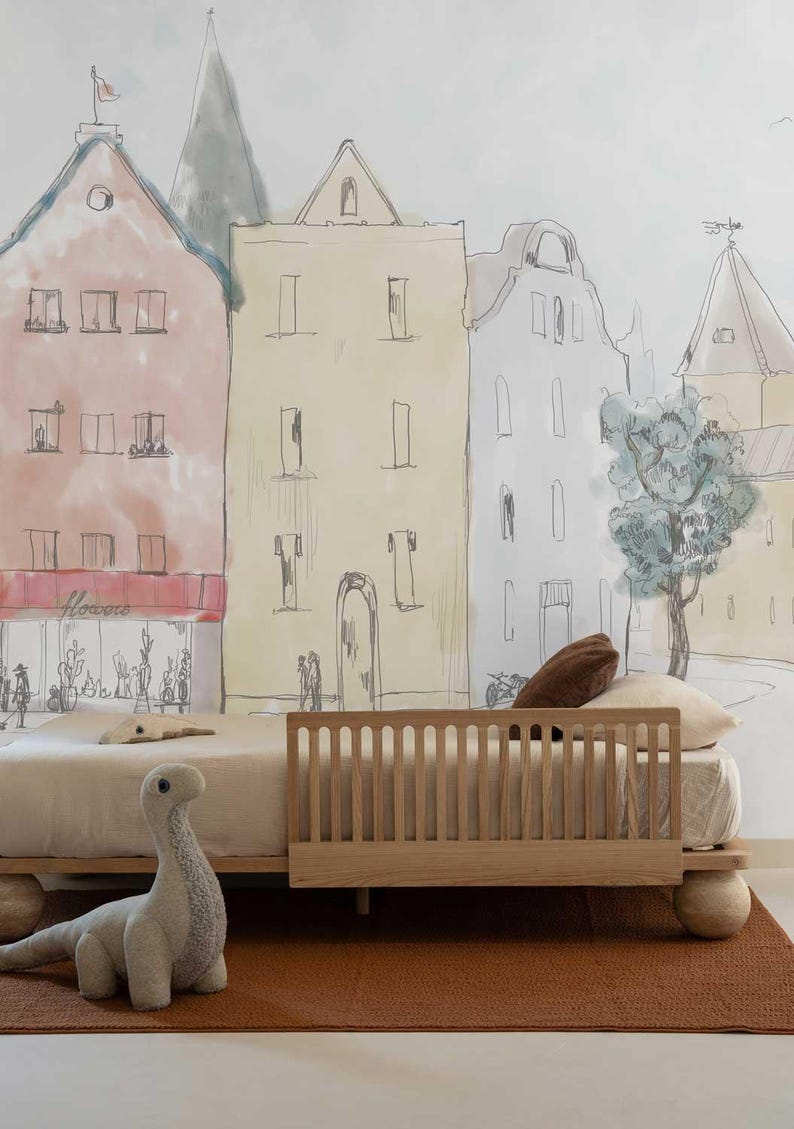Papel pintado infantil de un pueblo en acuarela – Mural infantil escandinavo – Pueblo en tonos pastel dibujado a mano – Mural personalizado para la sala de juegos o la habitación del bebé imagen 2