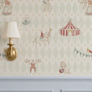 May include: Wallpaper with a circus design, including images of elephants, a bear on a bicycle, a tightrope walker, a horse rider, a circus tent, a strongman, and a lion with a ball. The background is a light green diamond pattern with gold stars.