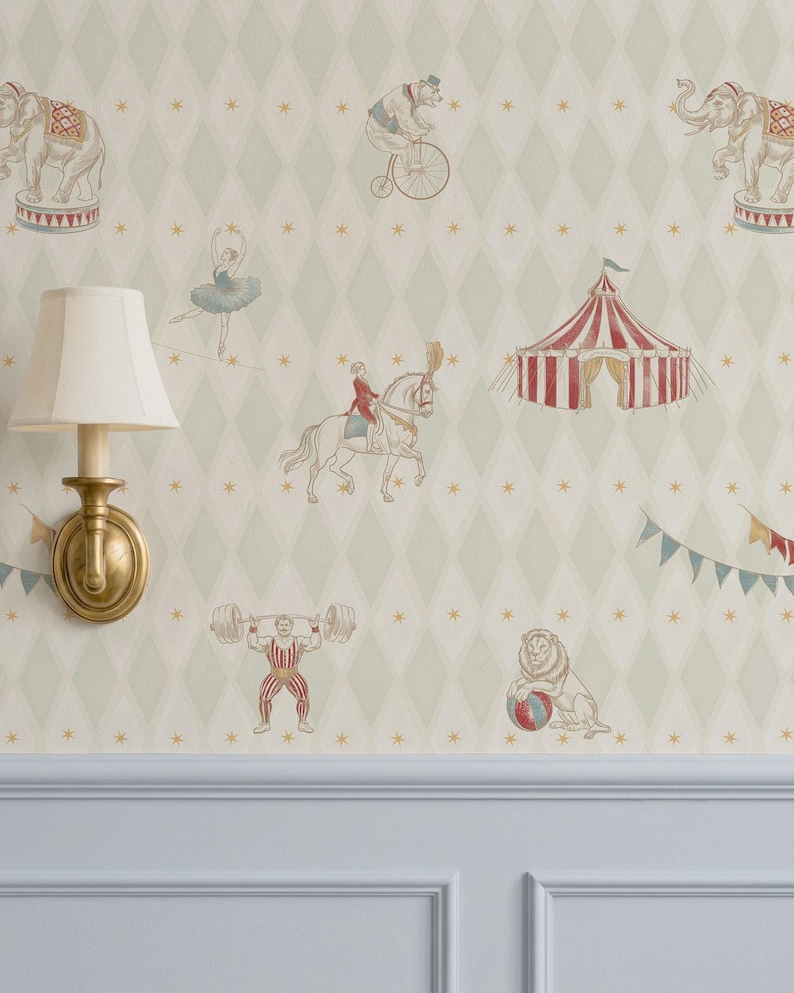 May include: Wallpaper with a circus design, including images of elephants, a bear on a bicycle, a tightrope walker, a horse rider, a circus tent, a strongman, and a lion with a ball. The background is a light green diamond pattern with gold stars.