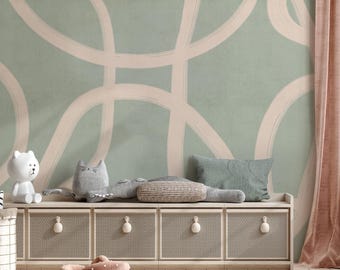 Minimalist Kids Wallpaper – Abstract Scandinavian Wall Mural for Nursery or Playroom, Neutral Modern Removable Wallpaper, Soft Green & Beige