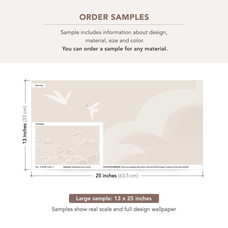 Neutral Cloud & Birds Wallpaper Mural – Soft Beige Sky Wall Art for Kids Room or Nursery Sample