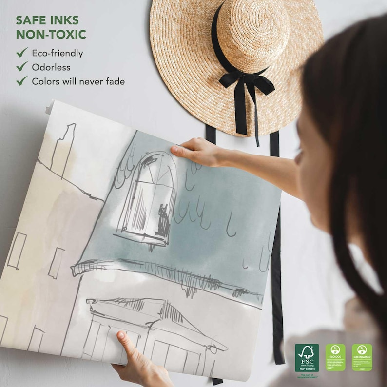 Papel pintado infantil de un pueblo en acuarela – Mural infantil escandinavo – Pueblo en tonos pastel dibujado a mano – Mural personalizado para la sala de juegos o la habitación del bebé imagen 6