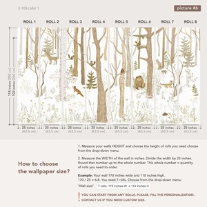 May include: Forest-themed wallpaper featuring a repeating pattern of trees, woodland animals, and foliage in neutral tones. Each roll is 25 inches (63.5 cm) wide. The image includes instructions on how to measure and order the wallpaper.