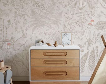 Whimsical Forest Wallpaper – Neutral Botanical Wall Mural with Woodland Animals & Plants, Soft Beige Wallpaper for Kids Room, 6-117R