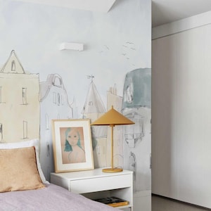 Papel pintado infantil de un pueblo en acuarela – Mural infantil escandinavo – Pueblo en tonos pastel dibujado a mano – Mural personalizado para la sala de juegos o la habitación del bebé imagen 3