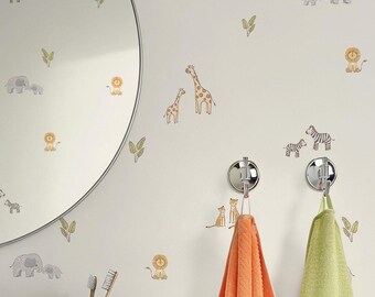 Neutral Safari Kids Bathroom Wallpaper, Animal Peel and Stick, Giraffe Elephant Zebra Childrens Wallpaper