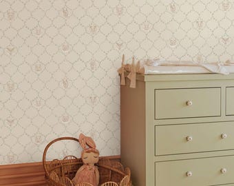 Kids Room Wallpaper, Vintage-Inspired Neutral Nursery Wallpaper, Elegant Beige and Soft Green Floral Trellis Design, 2-205