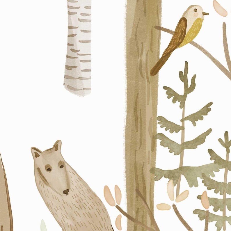 Woodland kids wallpaper - Forest animals wall mural, neutral nursery decor, scandinavian baby room wallpaper roll image 7