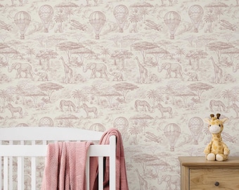 Pink Tropical Tonal Jungle Animal Wallpaper, Safari Nursery Wallpaper for Girls, Whimsical Wallpaper, Girl Nursery Decor