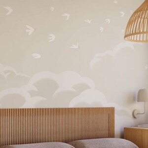 Neutral Cloud & Birds Wallpaper Mural – Soft Beige Sky Wall Art for Kids Room or Nursery immagine 2