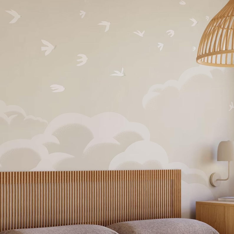 Neutral Cloud & Birds Wallpaper Mural – Soft Beige Sky Wall Art for Kids Room or Nursery immagine 2