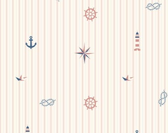 Vintage krijtstreepbehang voor kinderkamer - Zachte nautische muurschildering met ankers en kompassen, neutraal babykamerdecor, kinderbehang kust