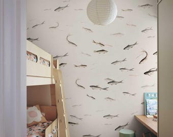 Minimalist Fish Wallpaper – Kids Room Peel and Stick Mural, Neutral Ocean Theme Wall Decor, Scandinavian Nursery Wallpaper, PVC free