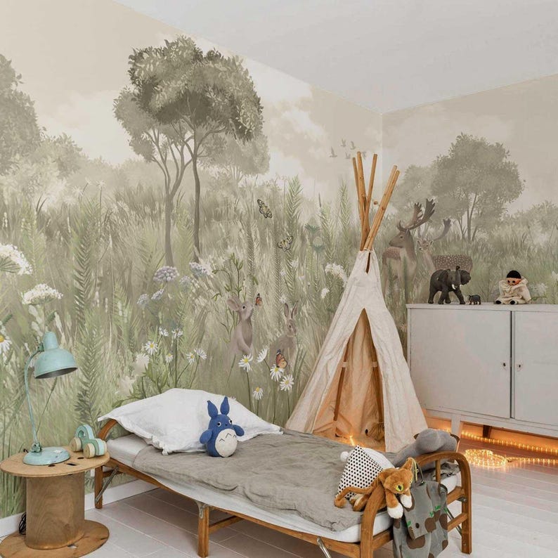 Bos kinderkamer behang – Bosdierenmuurschildering met herten en bomen – Neutraal babykamerdecoratie – Verwijderbaar bosbehang voor kinderen afbeelding 2