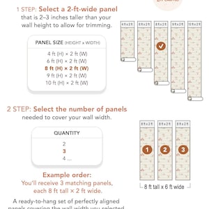 May include: An ordering guide for wallpaper panels. The guide shows panel sizes, including 244 cm (H) x 61 cm (W), and how to select the number of panels needed. The image includes the text "Freckled Dreams".