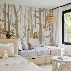 Woodland kids wallpaper - Forest animals wall mural, neutral nursery decor, scandinavian baby room wallpaper roll image 3