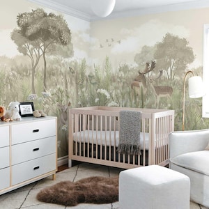 Carta da parati "Woodland Nursery" - Carta da parati murale con animali della foresta, cervi e alberi - Decorazione neutra per la cameretta dei bambini - Carta da parati rimovibile con tema foresta per bambini