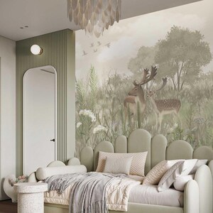 Bos kinderkamer behang – Bosdierenmuurschildering met herten en bomen – Neutraal babykamerdecoratie – Verwijderbaar bosbehang voor kinderen afbeelding 7