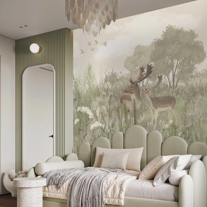 Bos kinderkamer behang – Bosdierenmuurschildering met herten en bomen – Neutraal babykamerdecoratie – Verwijderbaar bosbehang voor kinderen afbeelding 7
