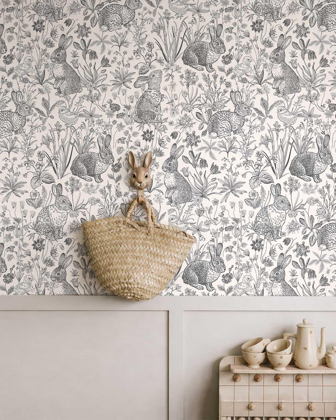 Bunny Wallpaper for Nursery, Woodland Rabbit Pattern, Vintage Animal ...