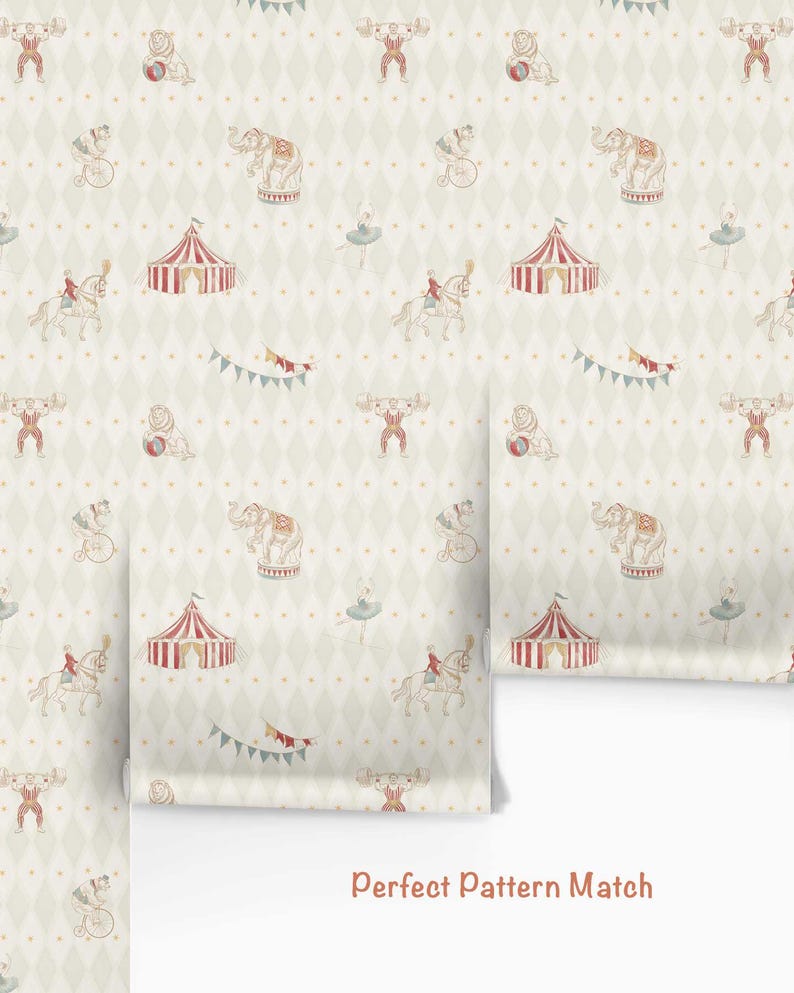 May include: Wallpaper roll with a circus-themed pattern. The design features circus tents, elephants, strongmen, acrobats, and other circus elements in a repeating pattern on a light background. The text "Perfect Pattern Match" is visible.