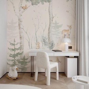Woodland Forest Animal Wall Mural – Deer Bear Owl Nursery Wallpaper – Neutral Kids Room Wallpaper – Removable Peel and Stick Wall Art