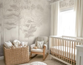 Neutraal bos kinderkamerbehang – Babykamermuurschildering, peel and stick, genderneutraal