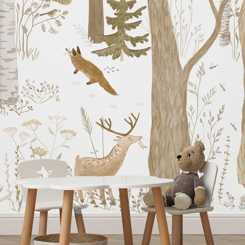 Woodland kids wallpaper - Forest animals wall mural, neutral nursery decor, scandinavian baby room wallpaper roll image 2