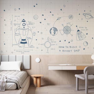 May include: A bedroom with a wall mural featuring a blueprint-style illustration of a rocket ship and space elements. The design includes a rocket, planets, stars, and text that reads "How to Build a Rocket Ship." The room also has a bed, desk, and chair.