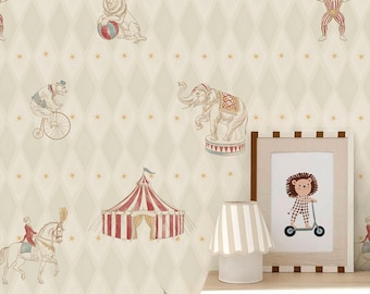 Vintage circusbehang voor kinderkamer | Patroon circusdieren voor kinderkamer