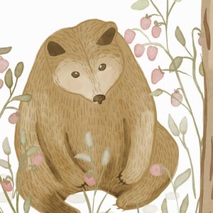 May include: Watercolor illustration of a brown bear sitting among pink berries and green foliage. The bear has a light brown face and dark brown ears. The artwork has a soft, whimsical style, perfect for nursery decor or children's art.