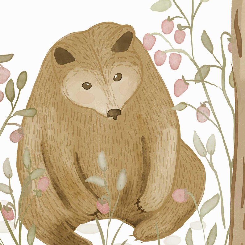 May include: Watercolor illustration of a brown bear sitting among pink berries and green foliage. The bear has a light brown face and dark brown ears. The artwork has a soft, whimsical style, perfect for nursery decor or children's art.