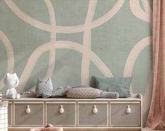 Minimalist Kids Wallpaper – Abstract Scandinavian Wall Mural for Nursery or Playroom, Neutral Modern Removable Wallpaper, Soft Green & Beige
