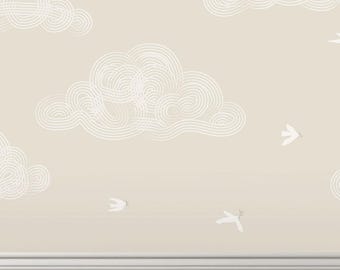 Neutral Cloud and Birds Wallpaper – Soft Beige Nursery Wall Mural, Dreamy Wallpaper for Baby Room, Hand-Drawn Sky Design