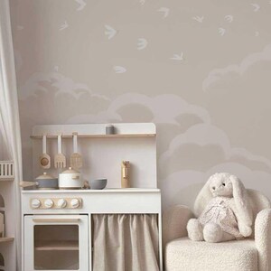 Neutral Cloud & Birds Wallpaper Mural – Soft Beige Sky Wall Art for Kids Room or Nursery immagine 5