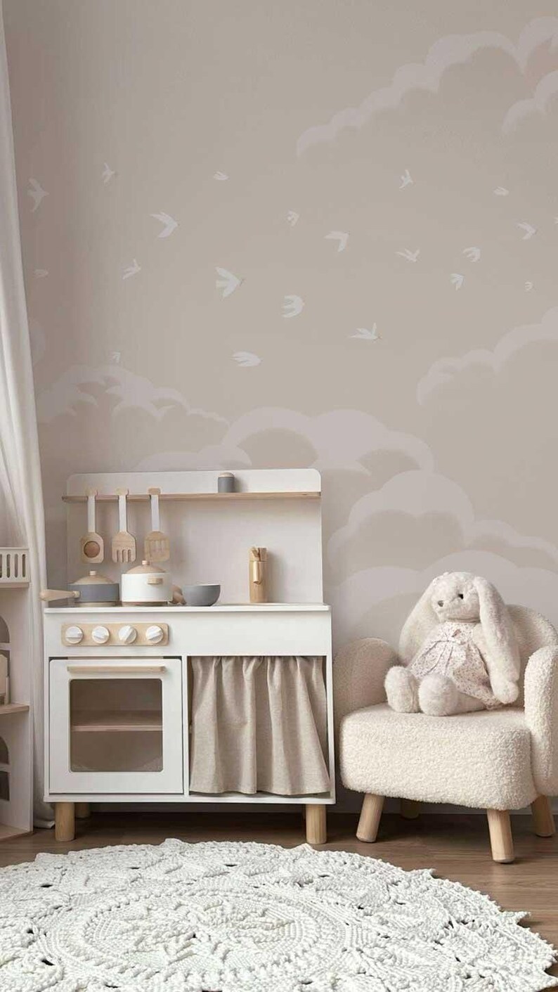 Neutral Cloud & Birds Wallpaper Mural – Soft Beige Sky Wall Art for Kids Room or Nursery immagine 5