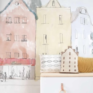 Papel pintado infantil de un pueblo en acuarela – Mural infantil escandinavo – Pueblo en tonos pastel dibujado a mano – Mural personalizado para la sala de juegos o la habitación del bebé imagen 7