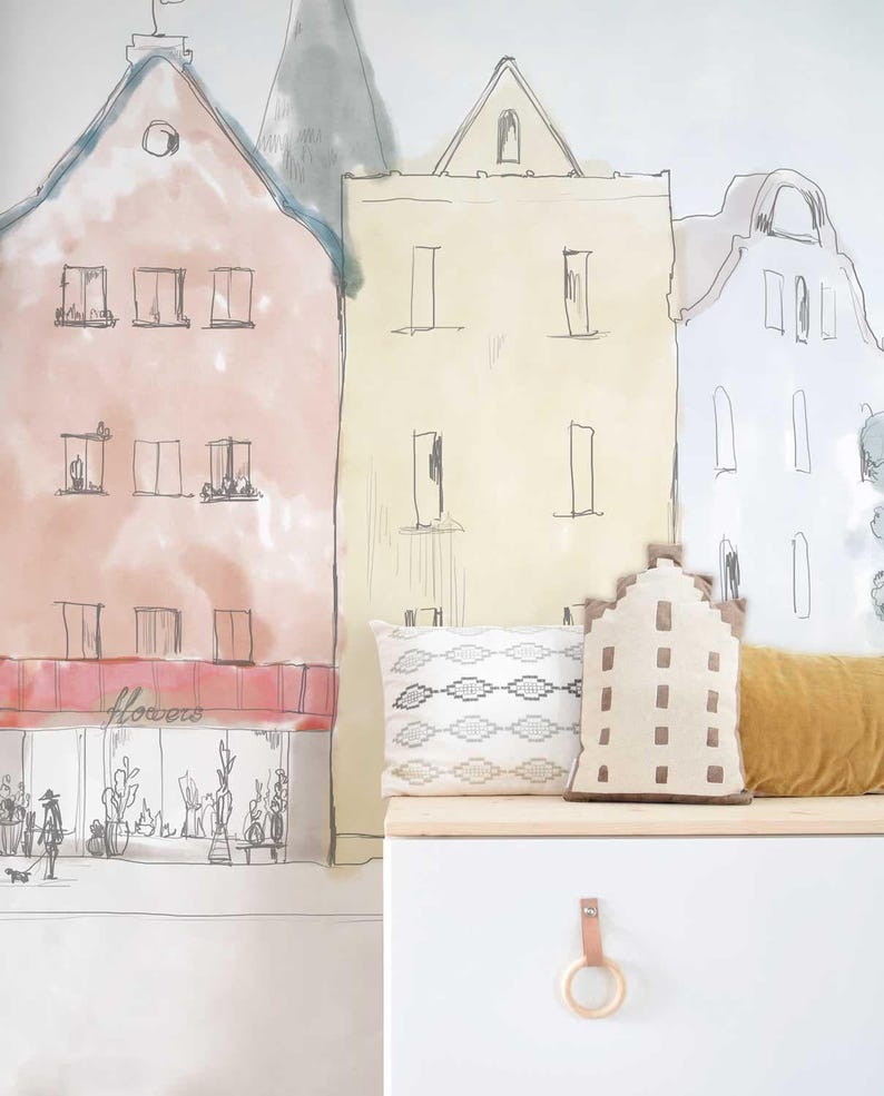 Papel pintado infantil de un pueblo en acuarela – Mural infantil escandinavo – Pueblo en tonos pastel dibujado a mano – Mural personalizado para la sala de juegos o la habitación del bebé imagen 7