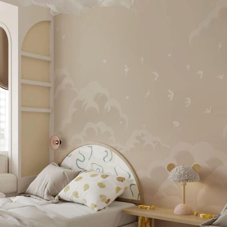 Neutral Cloud & Birds Wallpaper Mural – Soft Beige Sky Wall Art for Kids Room or Nursery immagine 7