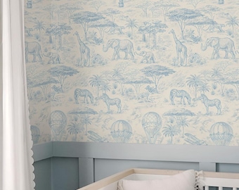 Nursery Wallpaper, Blue Safari Toile Peel and Stick Wallpaper, Baby Boy Nursery Wallpaper, Animal Boy Nursery Decor