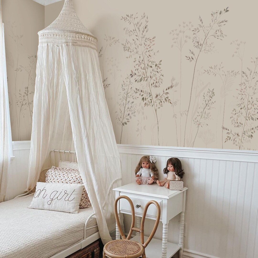 Botanical Nursery Wallpaper: Soft Beige Floral Wall Mural - Etsy