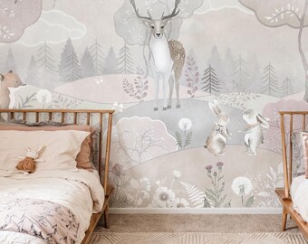 Pastel Woodland Kids Wallpaper Mural for Girls Room, Whimsical Storybook Kids Room Mural with Deer and Bunnies