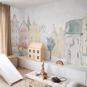 Papel pintado infantil de un pueblo en acuarela – Mural infantil escandinavo – Pueblo en tonos pastel dibujado a mano – Mural personalizado para la sala de juegos o la habitación del bebé imagen 1