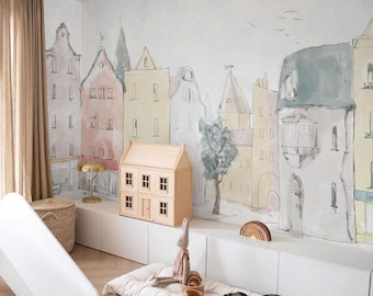 Aquarel dorp kinderbehang – Scandinavische muurschildering voor de babykamer – Handgetekend pastel dorp – Muurschildering op maat voor speelkamer of babykamer